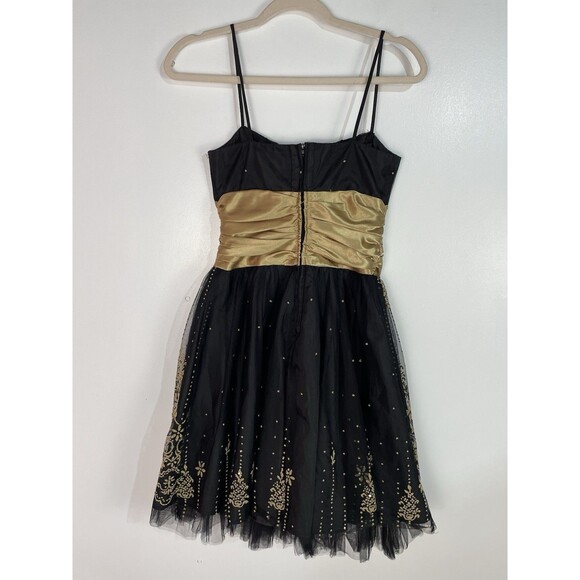 Vtg Y2K Dress 3/4 Black Gold Floral Mini Babydoll Whimsigoth Fairygrunge Mesh - Picture 11 of 15